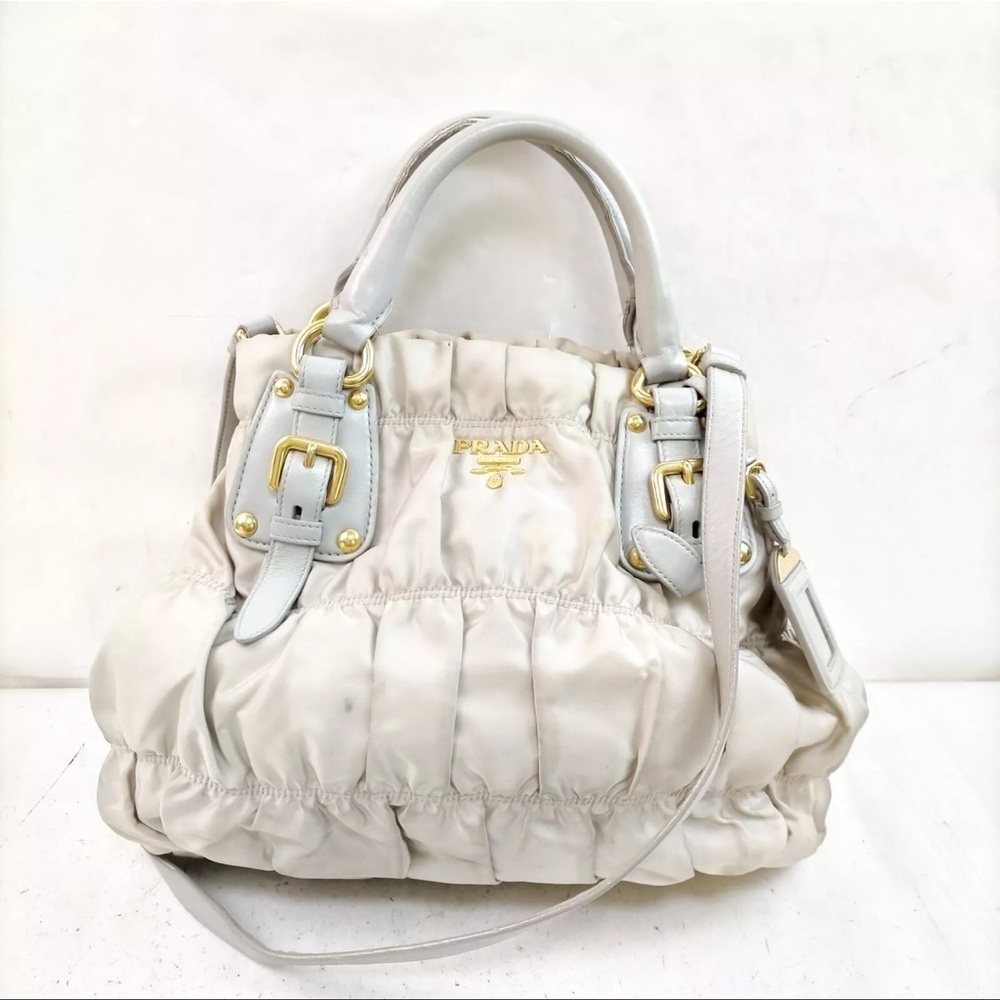 Prada Tessuto Gaufre Satchel in pale Grey/ Gold